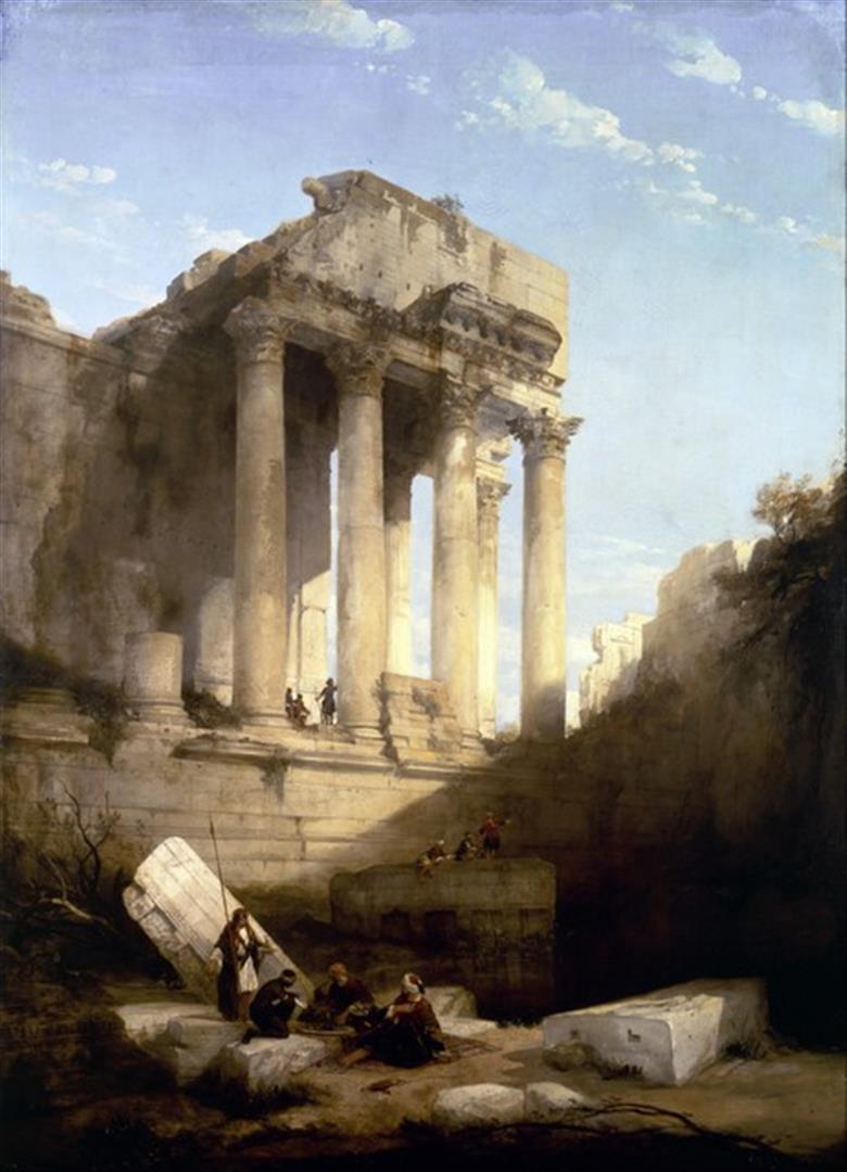 David Roberts - Ruins of the Temple of Bacchus: Artist: David Roberts - Title: Ruins of the Temple of Bacchus - Medium: Fine Art Reproduction Giclee on Canvas - Image Size: Approximately 20 inches x 14.5 inches - Unframed on Unstretched Canvas - Bi