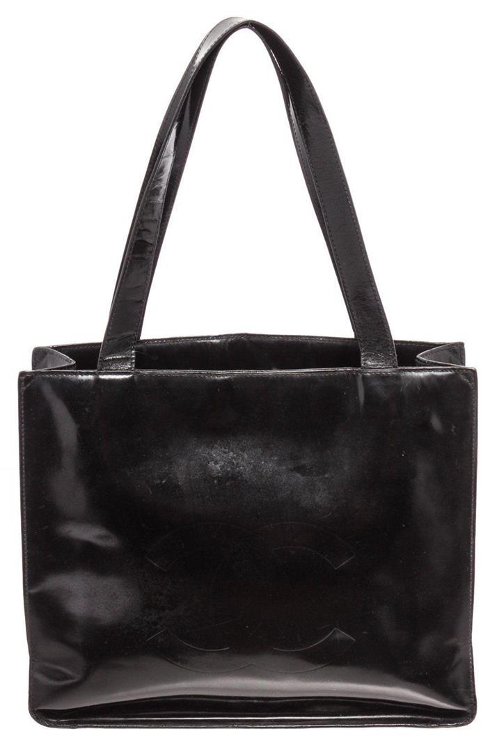 Chanel Black Patent Leather Vintage CC Tote Bag: Chanel Black Patent Leather Vintage CC Tote Bag. Chanel Black Patent Leather Vintage CC Tote Bag with gold-tone hardware, dual flat shoulder straps, single exterior zip pocket at back, three interior