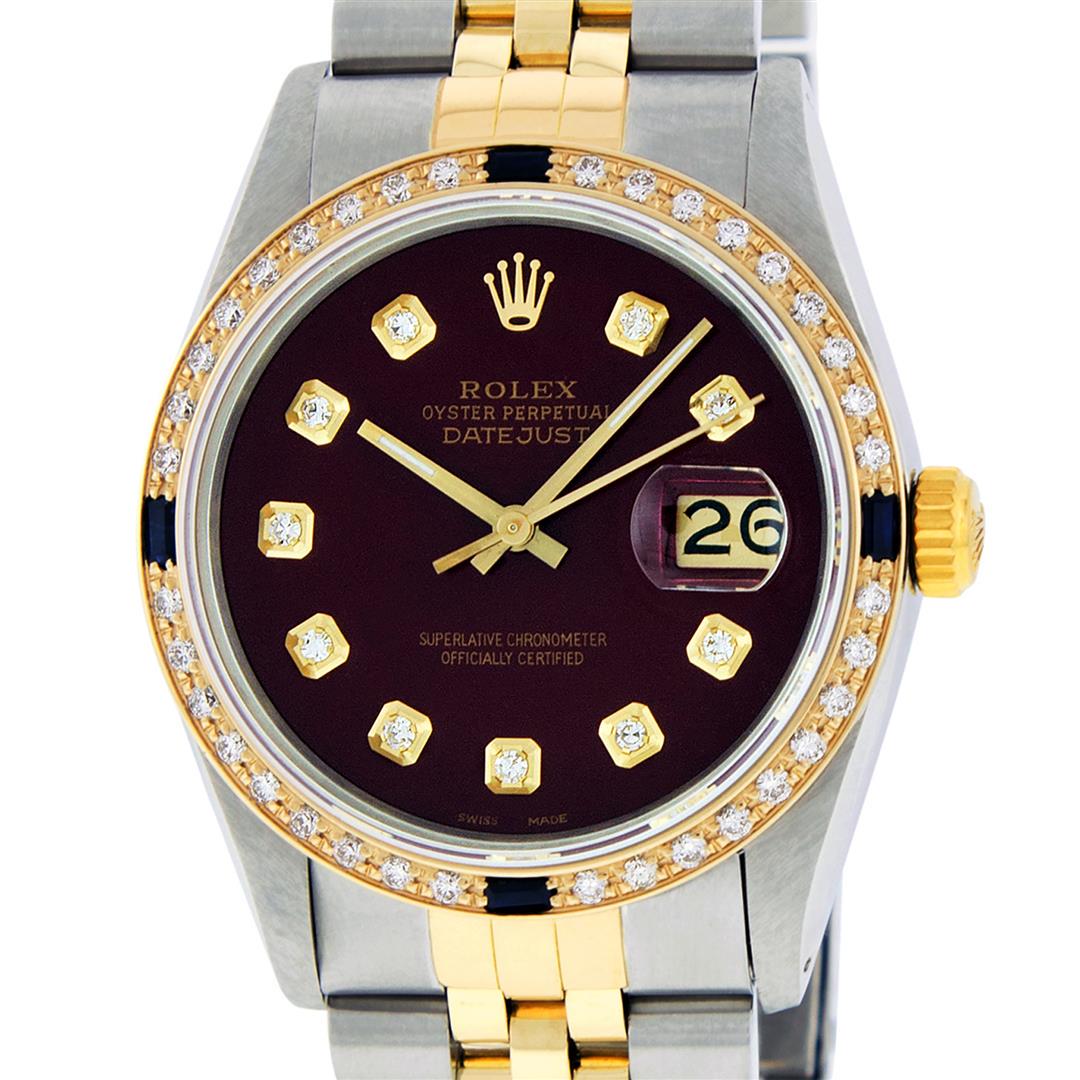 Rolex Mens 2 Tone Maroon VS Diamond & Sapphire Oyster: One Mens Yellow Gold Two Tone & Stainless Steel Rolex Datejust Polished, Serviced & Electronically Tested, Yellow Gold & Stainless Steel Case: 36mm, Yellow Gold Crown, Custom Bezel: New 18K Yellow Gol