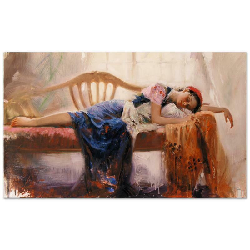 At Rest by Pino (1939-2010): "At Rest" is a limited edition giclee on stretched canvas that has been hand-embellished by Pino himself, AP Numbered and Hand signed by Pino (1939-2010). Includes Certificate of Authenticity. Measure