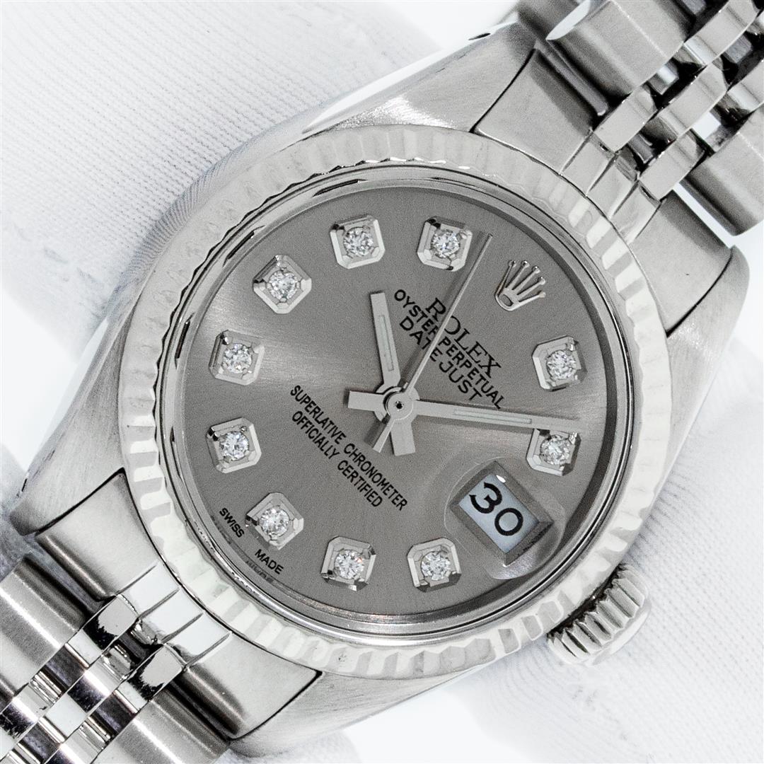 Rolex Ladies Stainless Steel Slate Grey Diamond 26MM: One Ladies Stainless Steel Rolex Datejust Polished Bright with Satin Finish, Serviced & Electronically Tested, Stainless Steel Case: 26mm, Stainless Steel Crown, Bezel: 14K White Gold Bezel. Custom Cr