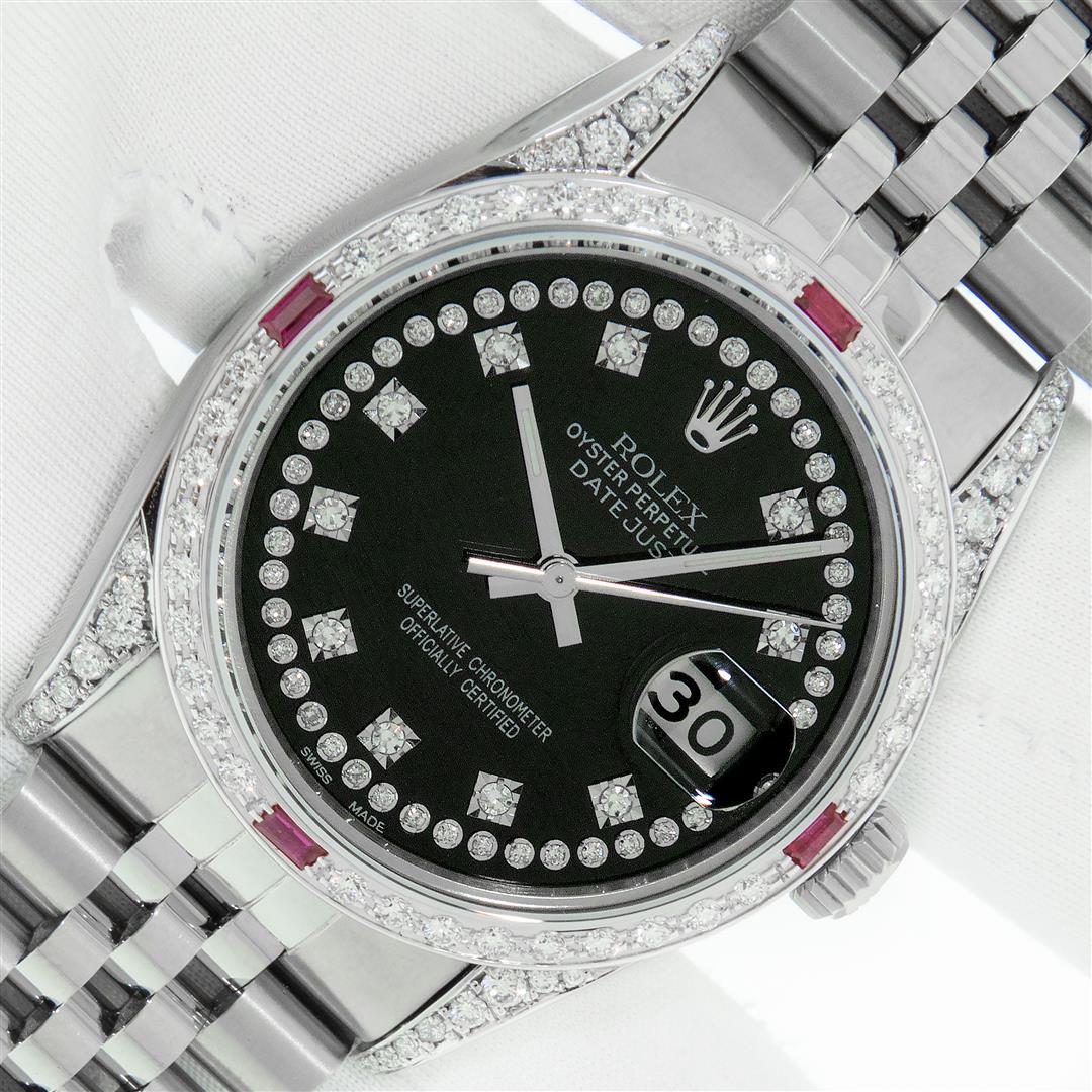 Rolex Mens SS Black String Diamond Lugs & Ruby Oyster: One Mens Rolex Datejust Polished Bright with Satin Finish, Serviced & Electronically Tested, Stainless Steel Case: 36mm, Custom Diamond Lugs: 28 Diamonds In Lugs, Color: G to H, Clarity: SI-VS. Stainl
