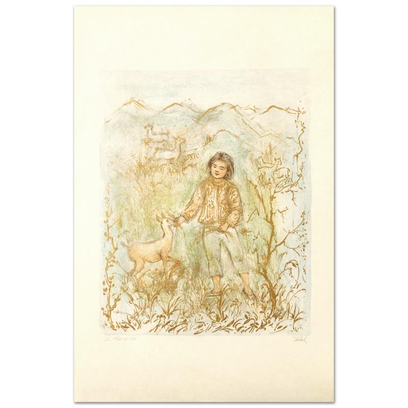 The Forest Friend by Hibel (1917-2014): "The Forest Friend" is a limited edition lithograph on japon paper, numbered and hand signed by Edna Hibel (1917-2014). Includes Certificate of Authenticity! Measures approx. 20" x 30" (with border), 