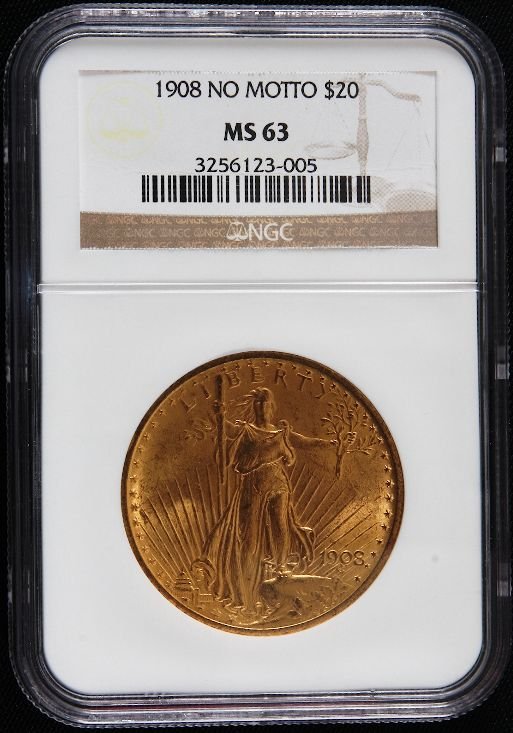 1908 Saint Gaudens No Motto $20 MS63 GCE59 Gold Co: 1908 Saint Gaudens No Motto $20 MS63 GCE59 Gold Coin - Great Condition. Professionally graded as an MS63 by NGC. 6A1061D1. Great color and nice looking coin. - Thank you for viewing this great sports 