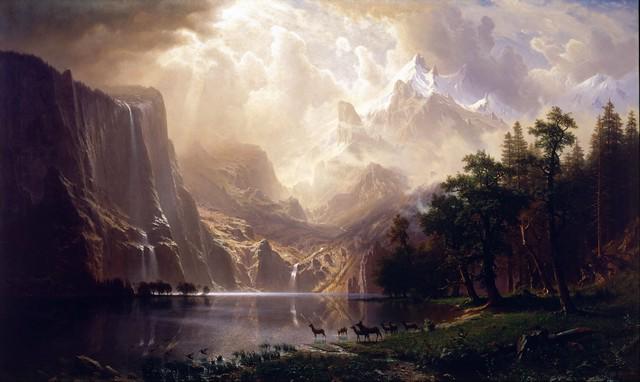 Bierstadt - Among the Sierra Nevada: Artist: Albert Bierstadt - Title: Among the Sierra Nevada - Medium: Fine Art Giclee on Canvas - Image Size: Approximately 19 inches x 32 inches - Framed: Unframed on Unstretched Canvas - Biography: Bi