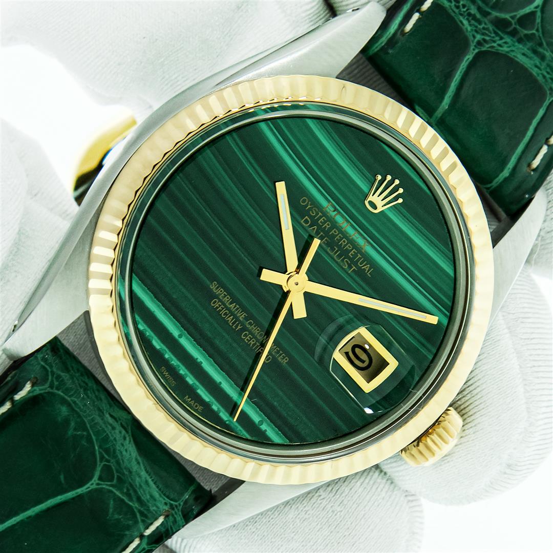 Rolex Datejust Mens 36 Green Malachite 18K/SS Oyster: One Mens Yellow Gold Two Tone Rolex Datejust Polished, Serviced & Electronically Tested, Yellow Gold & Stainless Steel Case: 36mm, Yellow Gold Crown, Original Bezel: Yellow Gold Fluted Bezel. Custom C