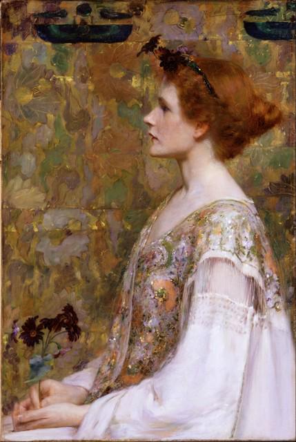 Albert Herter - Woman with Red Hair: Artist: Albert Herter - Title: Woman with Red Hair - Medium: Fine Art Giclee on Canvas - Image Size: Approximately 20 inches x 13.25 inches - Framed: Unframed on Unstretched Canvas - Biography: Albert
