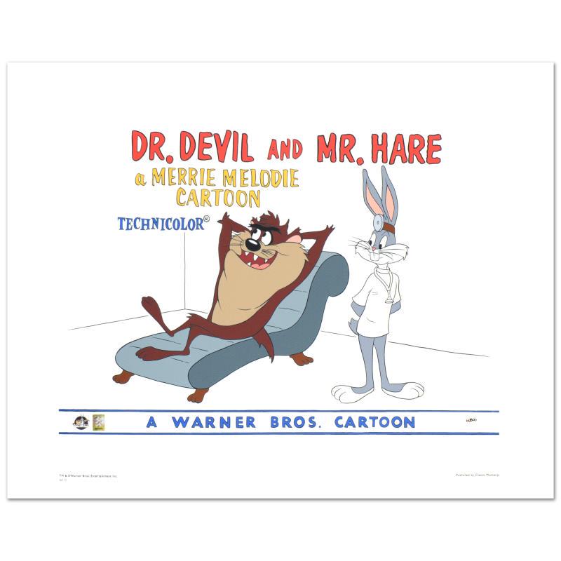 Dr. Devil & Mr. Hare by Looney Tunes: "Dr. Devil & Mr. Hare" is a limited edition giclee on paper from Warner Bros., numbered with hologram seal of Authenticity. This image was originally used as a "lobby card" displayed in theater lobbie