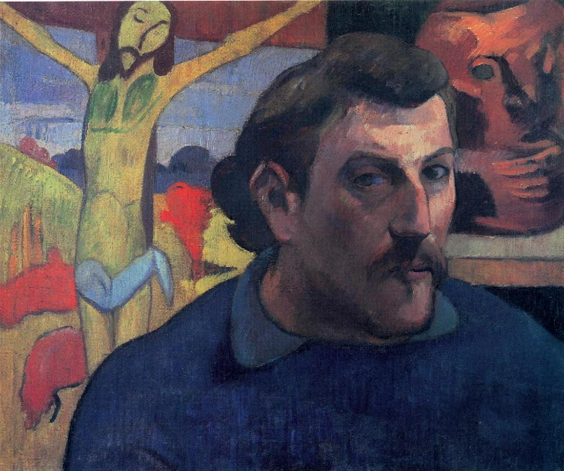 Paul Gauguin - Self Portrait with Yellow Christ: Artist: Paul Gauguin - Title:Self Portrait with Yellow Christ - Medium: Fine Art Giclee on Canvas - Image Size: Approximately 32 inches x 27 inches - Unframed on Unstretched Canvas - Biography: Eugèn
