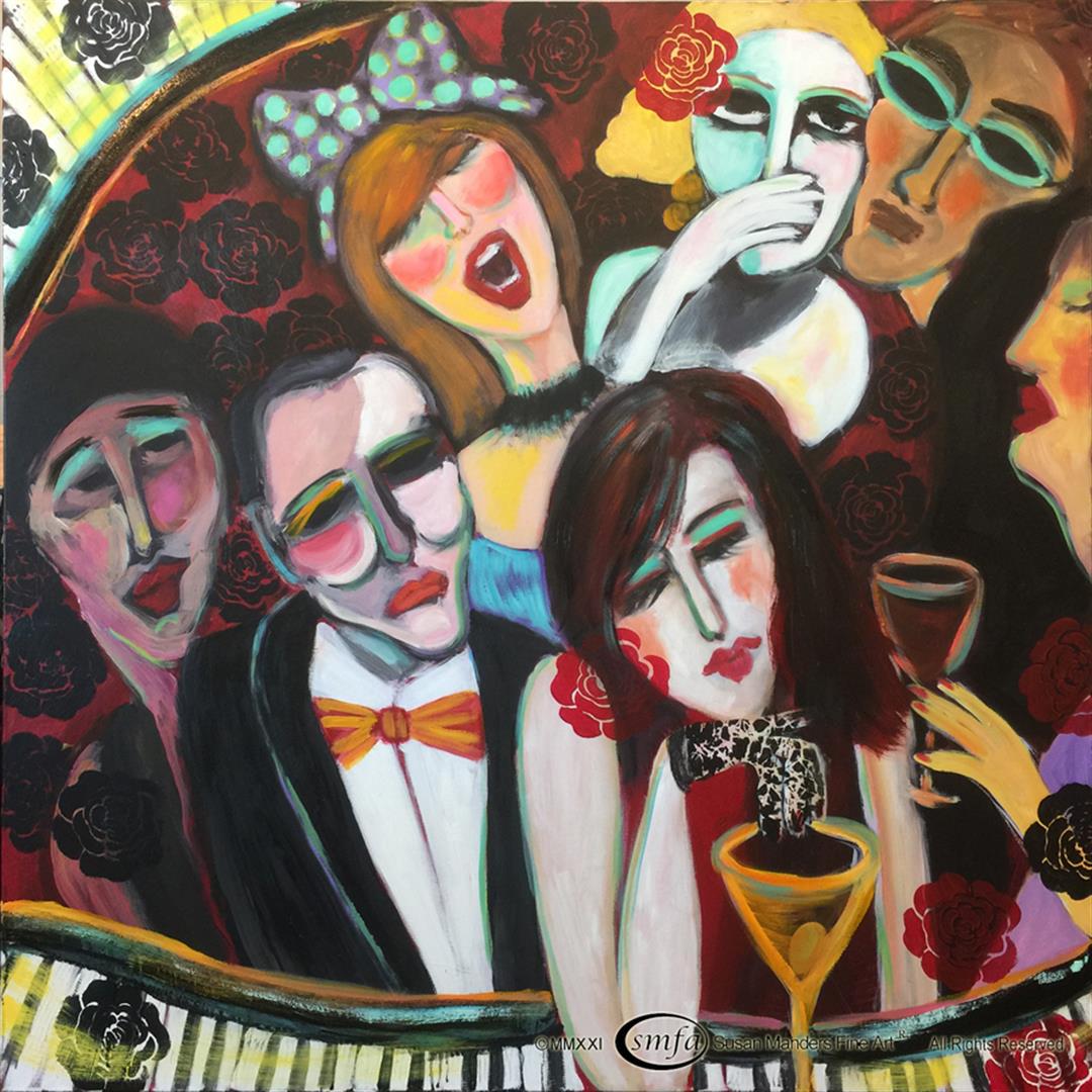 Susan Manders "Piano Roll": Susan Manders "Piano Roll" is a 48x48" original oil on canvas. It's sing-a-long time at the Piano Bar. Susan Manders was only the 2nd Woman selected as a US Olympic artist in 1984.