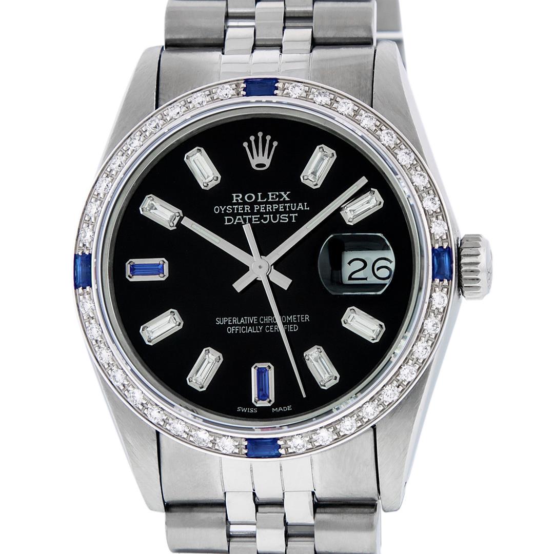 Rolex Mens Stainless Steel Black Baguette Diamond Dial: One Mens Stainless Steel Rolex Datejust Polished, Serviced & Electronically Tested, Stainless Steel Case: 36mm, Stainless Steel Crown, New Custom Bezel: 18K White Gold Sapphire Beadset Diamond Bezel,