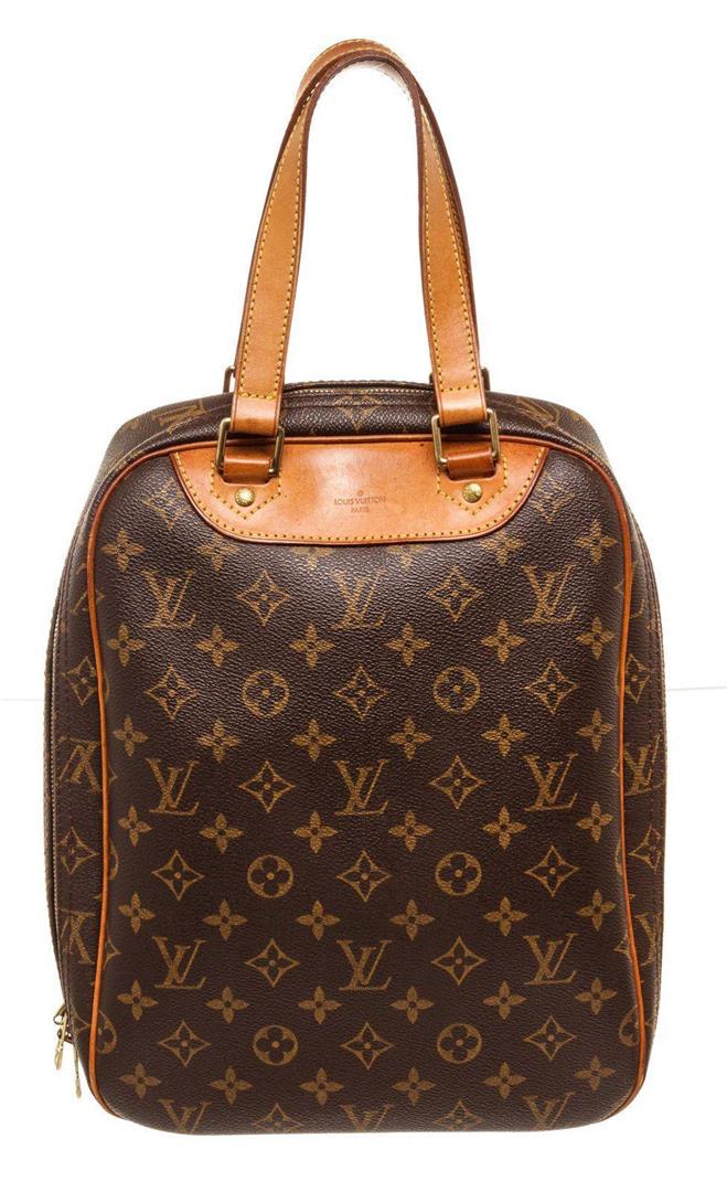 Louis Vuitton Brown Monogram Excursion Travel Bag: Louis Vuitton Brown Monogram Excursion Travel Bag. Louis Vuitton Brown Monogram Excursion Travel Bag with material monogram canvas, gold-tone hardware, trim tan vachetta leather, interior slip pockets