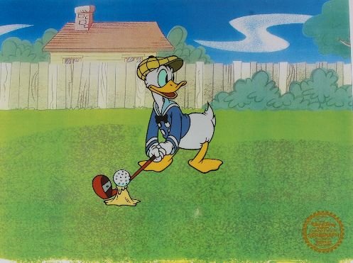 Donald Golf - Limited Edition Disney Serigraph Cel: Donald Golf - Limited Edition Disney Serigraph Cel - Fine Art Walt Disney Serigraph Cel - UA52WP - An animated film is comprised of thousands of individual hand-pained cels, which, photographed, one a