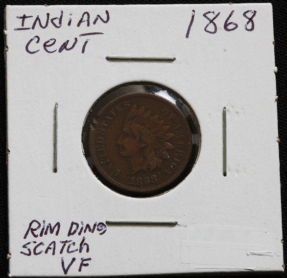 1868 Indian Cent - Rim Ding - VF - JH238: 1868 Indian Cent - Rim Ding - VF - JH238 - Great item. JH - EW14M5. 1868 Indian Cent - Rim Ding - VF - JH238 - Thank you for viewing this lot. We are always adding new inventory and new auctions, so c