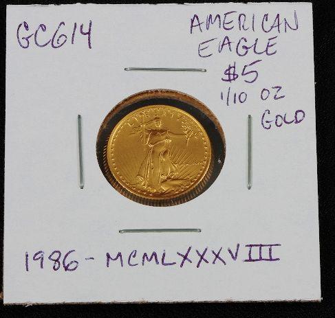 1986 American Eagle $5 Gold Coin MCMLXXXVIII GC614: 1986 American Eagle $5 Gold Coin MCMLXXXVIII GC614 - Tough to find American Eagle 1/10 oz. $5.00 Gold Coin. W3541E3. This rare issue is from 1986 and the date is written in Roman Numerals. - Thank you