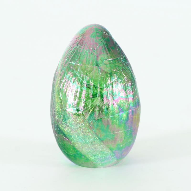 Dichroic Egg - Terra by Glass Eye Studio: "Dichroic Egg - Terra" is a hand blown glass egg sculpture (second) from Glass Eye Studios. This piece contains ash from the 1980 volcanic eruption of Mount St. Helens. As each piece is individually h