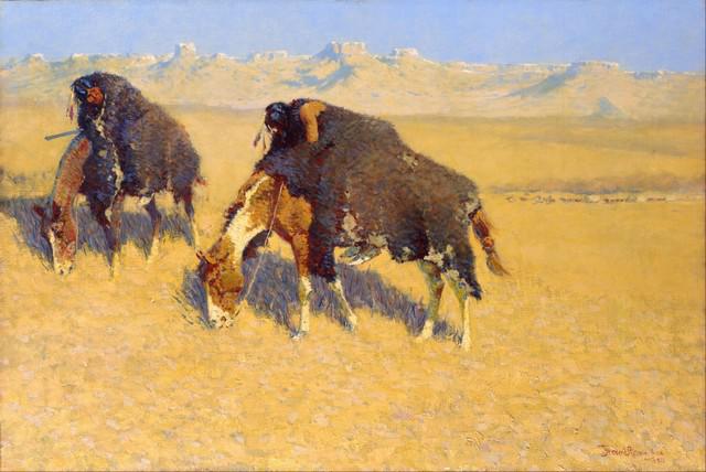 Frederic Sackrider Remington - Indians Simulating: Artist: Frederic Sackrider Remington - Title: Indians Simulating Buffalo - Medium: Fine Art Giclee on Canvas - Image Size: Approximately 13.25 inches x 20 inches - Framed: Unframed on Unstretched Canv