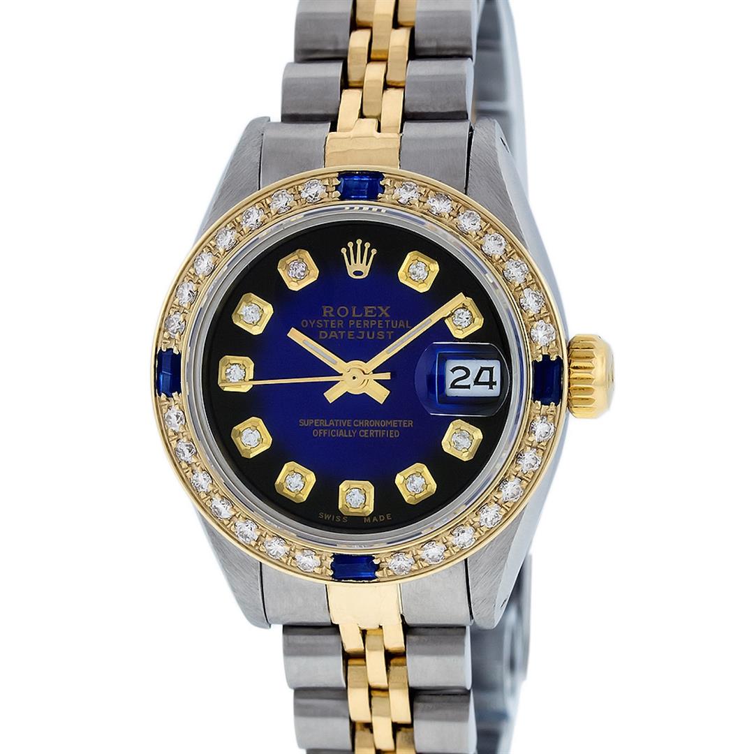 Rolex Ladies 2 Tone Blue Vignette Diamond & Sapphire: One Ladies Two Tone Rolex Datejust Polished, Serviced & Electronically Tested, Yellow Gold & Stainless Steel Case: 26mm, Yellow Gold Crown, Custom Bezel: New 18K Yellow Gold Sapphire Beadset Diamond B
