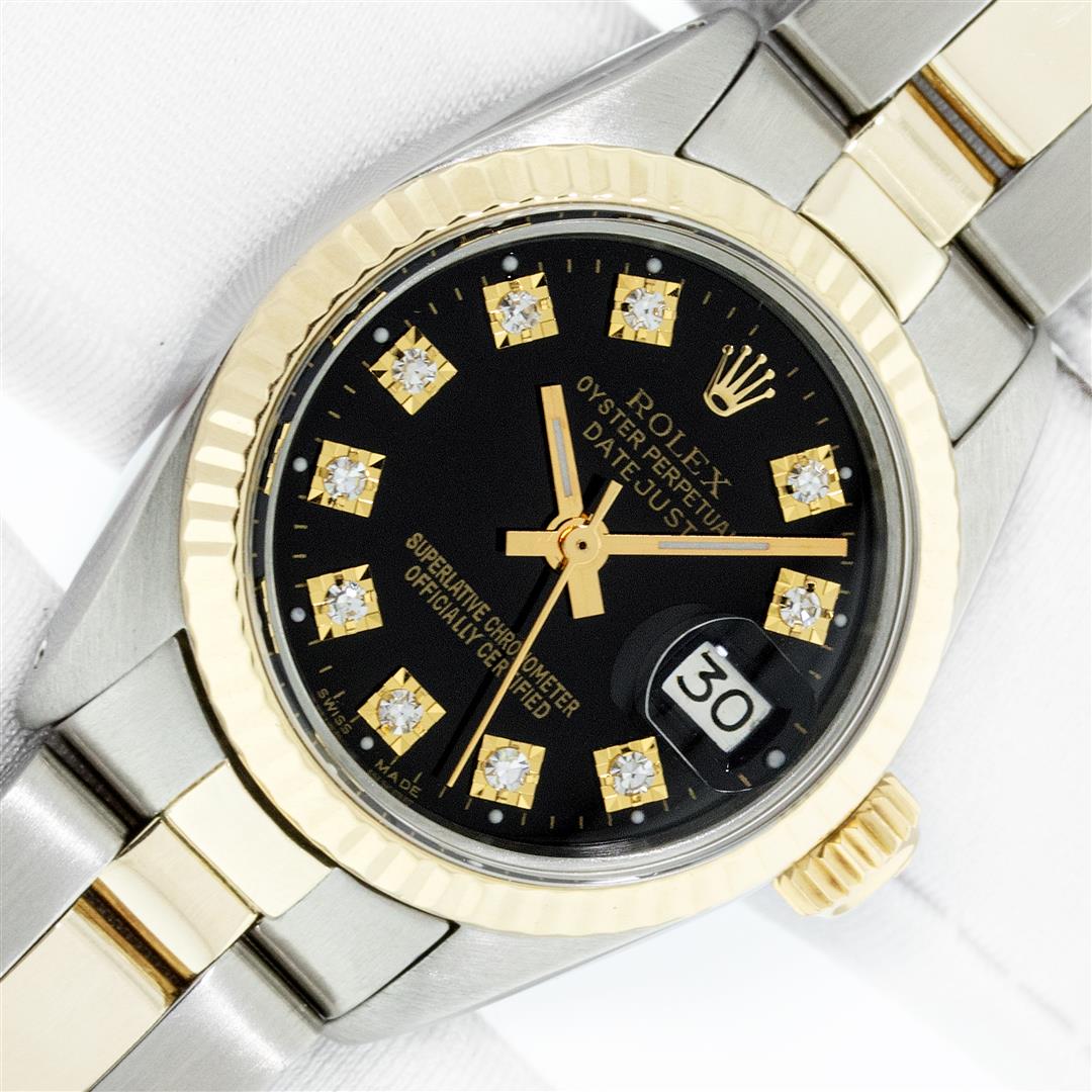 Rolex Ladies 26 Black Diamond Oyster Perpetual Datejust: One Ladies Two Tone Yellow Gold And Stainless Steel Rolex Datejust Polished, Serviced & Electronically Tested, Yellow Gold & Stainless Steel Case: 26mm, Yellow Gold Crown, Bezel: Yellow Gold Fluted Be