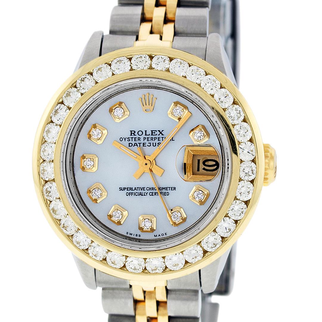 Rolex Ladies 2T MOP 2 ctw Diamond Datejust Wristwatch: One Ladies Two Tone Rolex Datejust Polished, Serviced & Electronically Tested, Yellow Gold & Stainless Steel Case: 26mm, Yellow Gold Crown, Custom Bezel: New 2.0ctw 18K Yellow Gold Channel Set Diamond