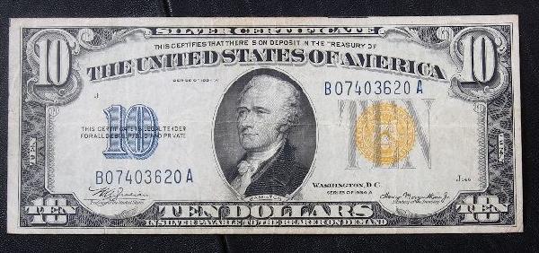 1934-A $10.00 Silver Certificate PM1585: 1934-A $10.00 Silver Certificate PM1585 - Nice Vintage Paper Currency. 9D15GG. Good color. Bill shows aging - folds, tears etc. Check scans. Great eye appeal and detail! - Thank you for viewing this l