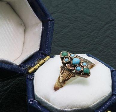 10K Gold Antique Vintage Art Deco Turquoise Ring E: 10K Gold Antique Vintage Art Deco Turquoise Ring ED55 - Excellent Vintage Condition! XB17JU. Beautiful antique ladies ring made of 10K gold and set with turquoise. The head measures about 1/2 long by