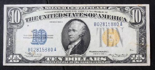 1934-A $10.00 Silver Certificate PM1588: 1934-A $10.00 Silver Certificate PM1588 - Nice Vintage Paper Currency. 9D16GG. Good color. Bill shows aging - folds, tears etc. Check scans. Great eye appeal and detail! - Thank you for viewing this l