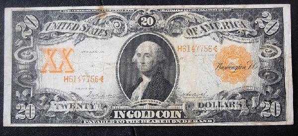 1906 $20.00 Washington Gold Certificate PM1584: 1906 $20.00 Washington Gold Certificate PM1584 - Nice Vintage Paper Currency. 9D591GG. Good color. Bill shows aging - folds, tears etc. Check scans. Great eye appeal and detail! - Thank you for viewin