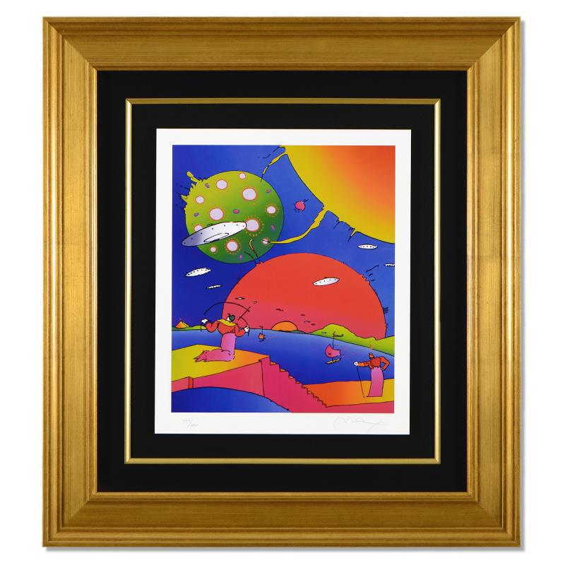 Year 2050 II by Peter Max: Year 2050 II by Peter Max. "Year 2050 II" is a limited edition lithograph on paper by Peter Max, numbered 447/500 and hand signed by the artist. This piece comes framed. Includes Certificate of Authen