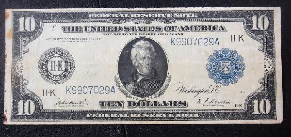 1914 Federal Reserve Note $10.00 PM1590: 1914 Federal Reserve Note $10.00 PM1590 - Nice Vintage Paper Currency. 9D16GG. Good color. Bill shows aging - folds, tears etc. Check scans. Great eye appeal and detail! - Thank you for viewing this l