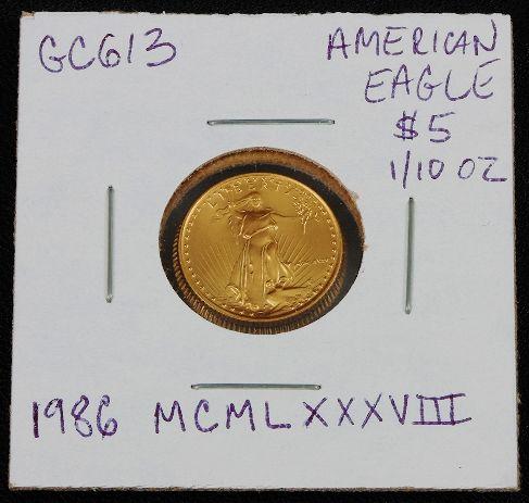 1986 American Eagle $5 Gold Coin MCMLXXXVIII GC613: 1986 American Eagle $5 Gold Coin MCMLXXXVIII GC613 - Tough to find American Eagle 1/10 oz. $5.00 Gold Coin. W3541E3. This rare issue is from 1986 and the date is written in Roman Numerals. - Thank you