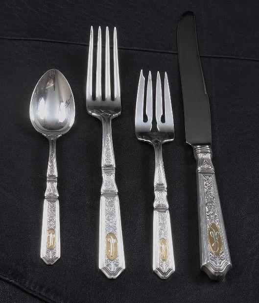 Gorham Golden St. Dunstan 4 Piece Silverware Set E: Gorham Golden St. Dunstan 4 Piece Silverware Set ED64 - Excellent Vintage Condition! DC78MX. Beautiful 4 piece place setting made by Garham Golden St. Dunstan, including dinner fork (8), dinner knife 