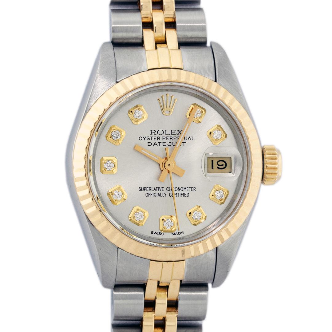 Rolex Ladies 2 Tone Silver Diamond 26MM Datejust: One Ladies Two Tone Rolex Datejust Polished, Serviced & Electronically Tested, Yellow Gold & Stainless Steel Case: 26mm, Yellow Gold Crown, Bezel: Yellow Gold Fluted Bezel. Custom Crystal: New Acrylic