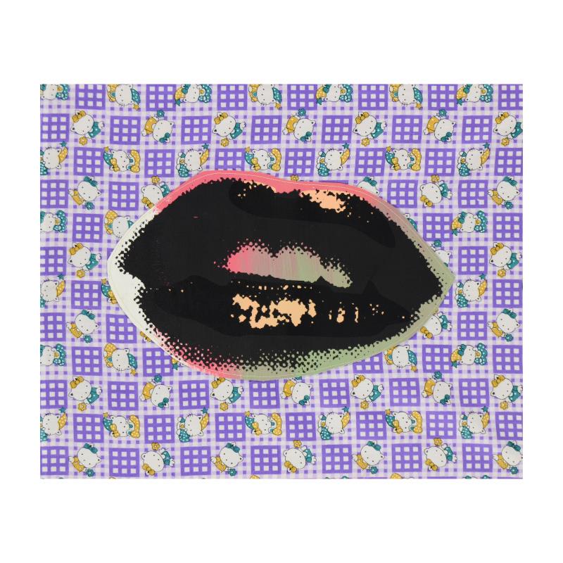 Lips by Steve Kaufman (1960-2010): Lips by Steve Kaufman (1960-2010). "Lips" is a hand painted limited edition silkscreen on canvas with Hello Kitty fabric background by Andy Warhol protege Steve Kaufman (1960-2010). This piece is AP n