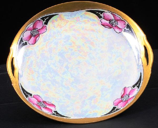 Antique KPM Silesia Hand Painted Handled Plate ED1: Antique KPM Silesia Hand Painted Handled Plate ED104 - Excellent Vintage Condition! AB32LY. Antique KPM Silesia hand-painted art deco lusterware plate featuring pink flowers and opal-like center, with