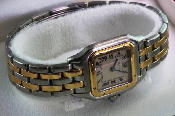 Ladies Cartier Panther 18K/SS 2 Row Watch NS1: Ladies Cartier Panther 18K/SS 2 Row Watch NS1 - Excellent Condition! Salka. Beautiful Cartier watch made of 18K Gold with and Quartz, swiss made. No scratches on the face, excellent condition, genuine