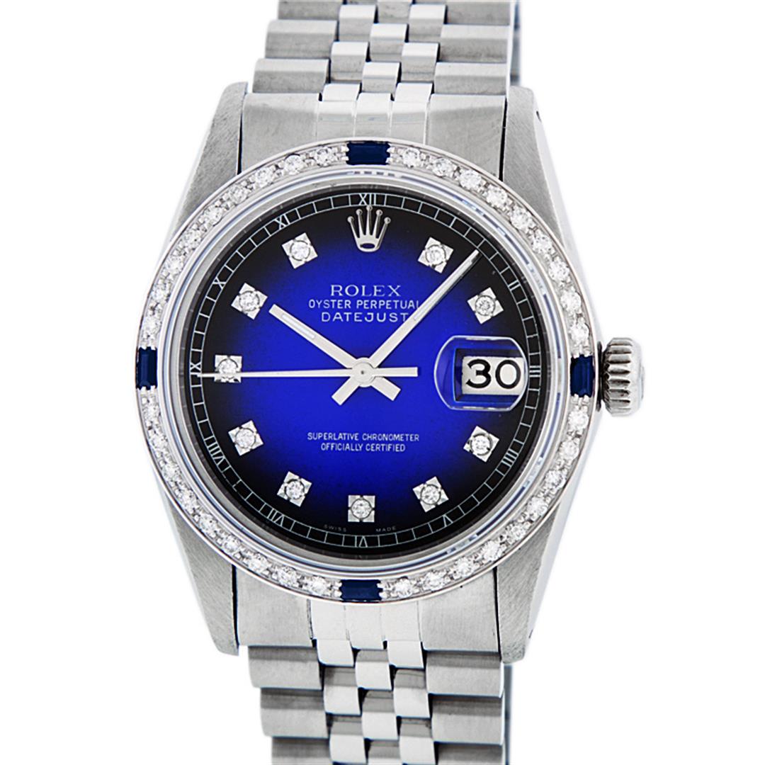 Rolex Mens Stainless Steel Blue Vignette Diamond &: One Mens Stainless Steel Rolex Datejust Polished, Serviced & Electronically Tested, Stainless Steel Case: 36mm, Stainless Steel Crown, Custom Bezel: New 18K White Gold Sapphire Beadset Diamond Bezel,