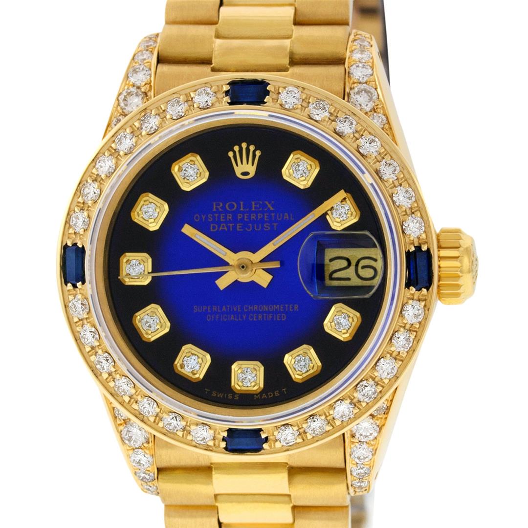 Rolex Ladies 18K Yellow Gold Blue Vignette Diamond And: One Ladies 18K Yellow Gold Rolex President Polished, Serviced & Electronically Tested, Yellow Gold Case With Diamond Lugs: 26mm G to H In Color, SI1, Yellow Gold Crown, Custom Diamond Lugs: 24 Diamond