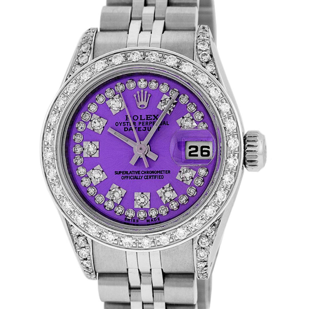 Rolex Ladies Stainless Steel 26MM Purple String Diamond: One Ladies Stainless Steel Rolex Datejust Polished Bright with Satin Finish, Serviced & Electronically Tested, Stainless Steel Case: 26mm, Stainless Steel Crown, Custom Diamond Lugs: 24 Diamonds On Lu
