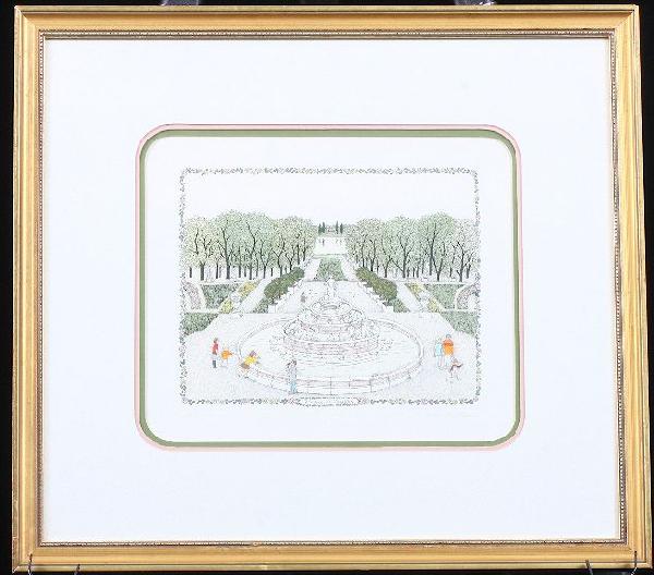 Jardine de Versailles by Cuca Romley ED279: Jardine de Versailles by Cuca Romley ED279 Excellent Condition! FT53PR. "Jardine De Versailles" is a hand colored etching by NY Artist Cuca Romley. The etching is pencil signed and numbered by the Art