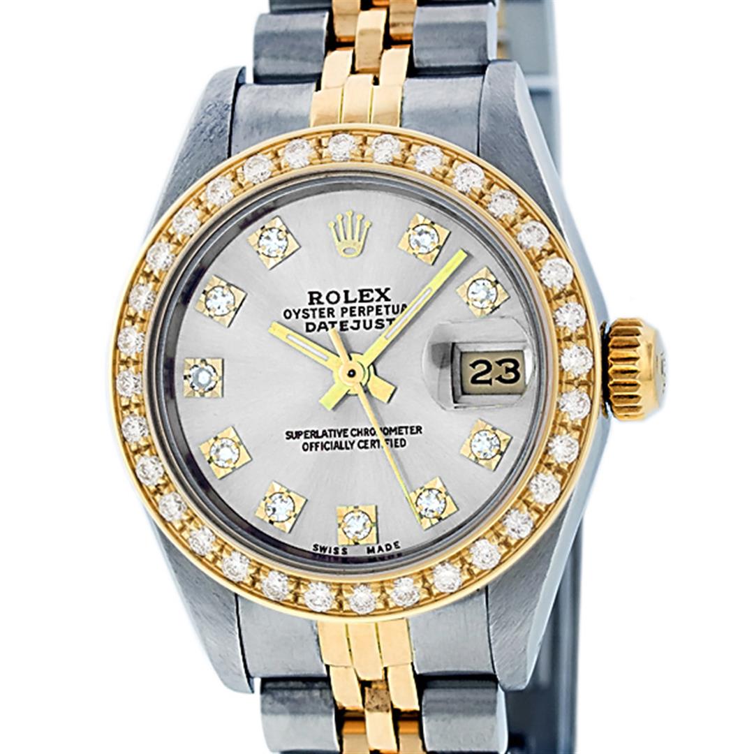 Rolex Ladies 2 Tone Silver VS Diamond Datejust 26MM: One Ladies Two Tone Rolex Datejust Polished, Serviced & Electronically Tested, Yellow Gold & Stainless Steel Case: 26mm, Yellow Gold Crown, Custom Bezel: New 18K 1.0ctw Yellow Gold Beadset Diamond Bez