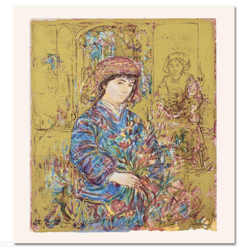 Umbria's Garden by Hibel (1917-2014): "Umbria's Garden" is a limited edition serigraph on paper, numbered and hand signed by Edna Hibel (1917-2014). Includes Certificate of Authenticity! Measures approx. 15" x 20" (with border), 12" x 15"