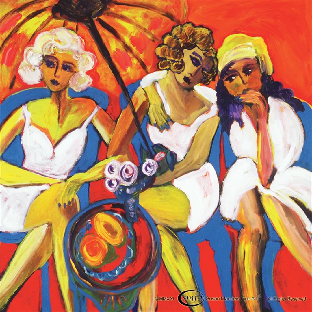 Susan Manders "Lunch at The Hamptons": Susan Manders "Lunch at The Hamptons" is a 48x48" original oil on canvas. Top shelf food & atmosphere for the fortunate few. Susan Manders was only the 2nd Woman selected as a US Olympic artist in 198