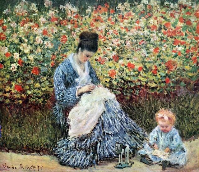 Claude Monet - Madame Monet and Child: Artist: Claude Monet - Title: Madame Monet and Child - Medium: Fine Art Reproduction Giclee on Canvas - Image Size: Approximately 27.75 inches x 32 inches - Unframed on Unstretched Canvas - Biography: