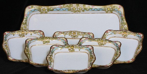 7 Piece Gold Bead Floral Nippon Ice Cream Set ED222: 7 Piece Gold Bead Floral Nippon Ice Cream Set ED222 Excellent Vintage Condition! ST611MF. 9 Piece Ornate Floral Gold Bead Trim Ice Cream Set. Includes 6- square ice cream bowls measuring 3/4 x 5 1/2",