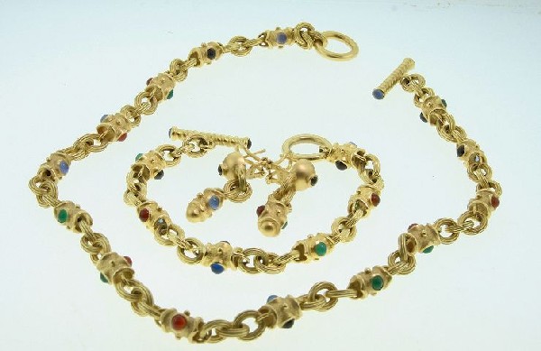 Byzantine Style Gold & Gemstone Ensemble 75.44 gm. A861: Byzantine Style Gold & Gemstone Ensemble 75.44 gm. A762 Excellent Condition! One electronically tested 14K yellow gold ladies cast & assembled multi-color gemstone ensemble with a bright finish & patt