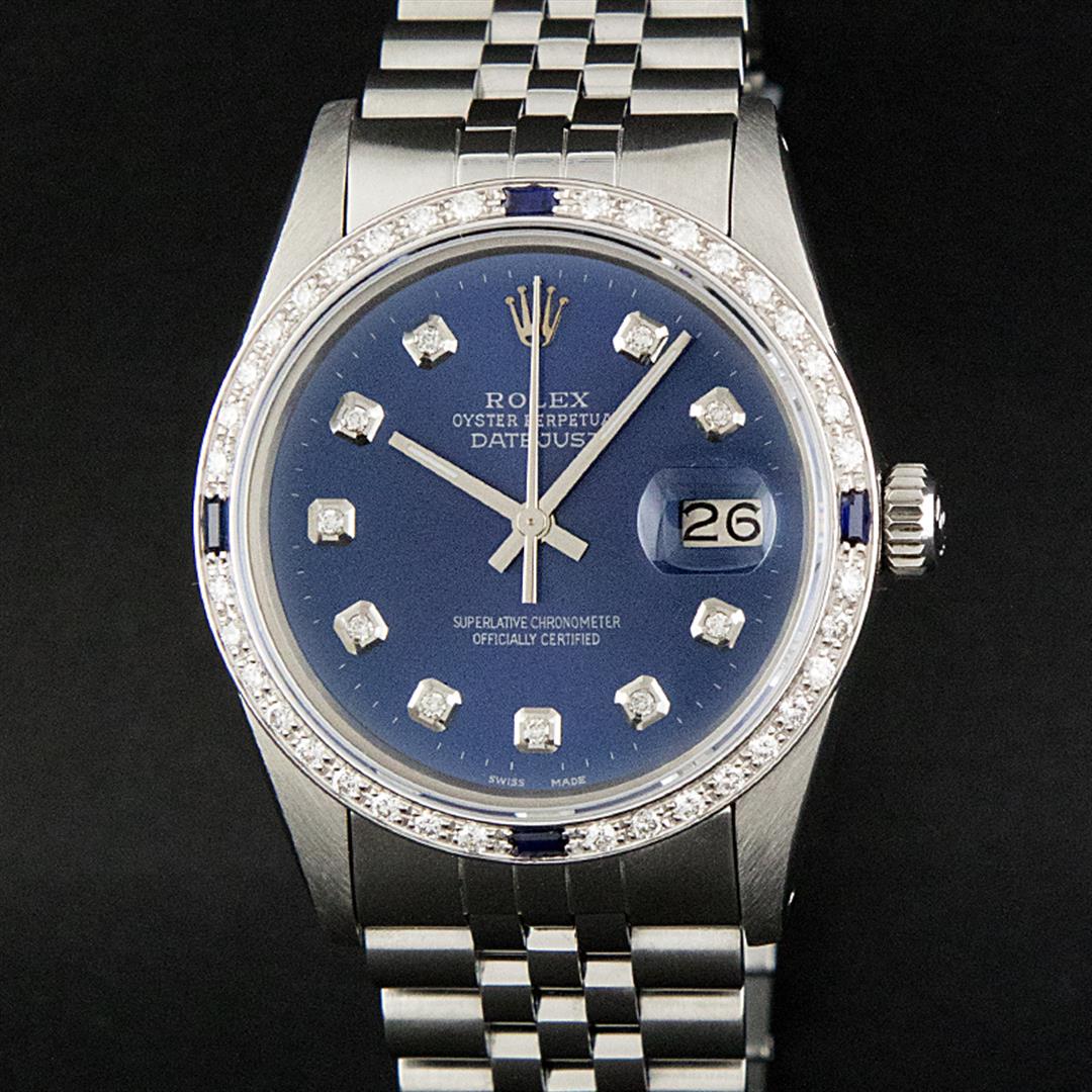 Rolex Mens Stainless Steel Blue Diamond & Sapphire: One Mens Stainless Steel Rolex Datejust Polished, Serviced & Electronically Tested, Stainless Steel Case: 36mm, Stainless Steel Crown, Custom Bezel: New 18K White Gold Sapphire Beadset Diamond Bezel,