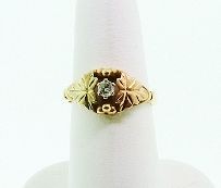 10KT Tri-Color Diamond Ring 3.20 grams A526: 10KT Tri-Color Diamond Ring 3.20 grams A526 Excellent Condition! 10KT tri-color green, rose yellow gold ladies cast & assembled diamond solitaire ring. Diamond 0.23ct. AIG Appraised at $1,075. - Thank