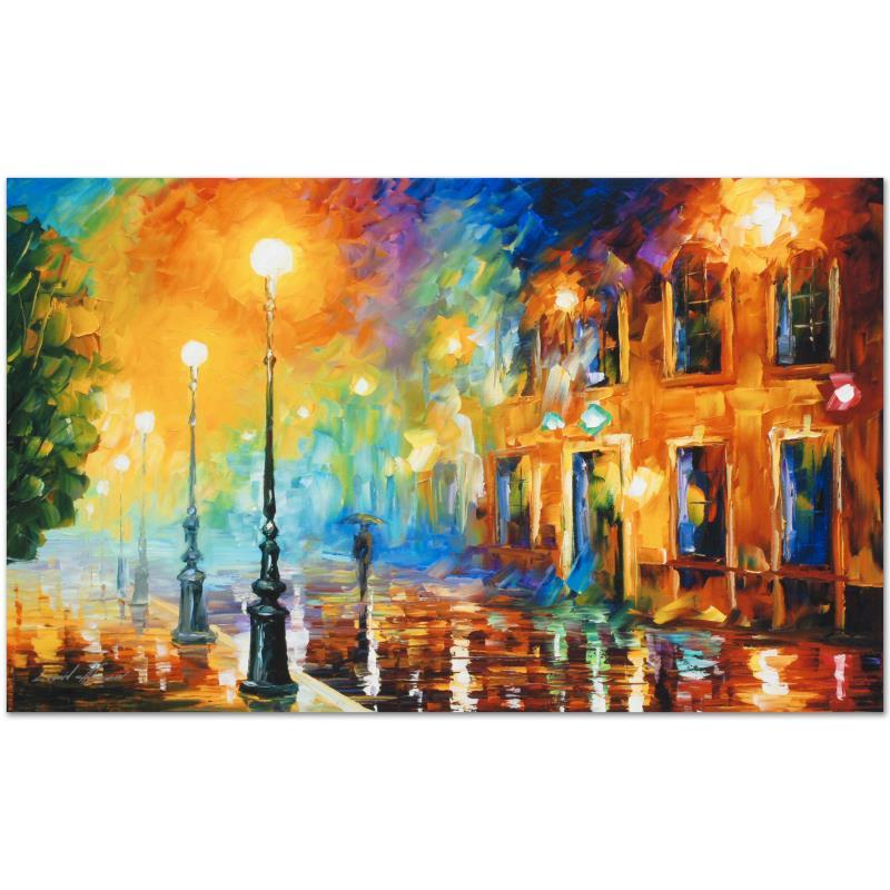 Misty City by Afremov (1955-2019): Leonid Afremov's (1955-2019) masterful use of color and texture make his paintings unique collectibles that are sure to brighten any wall. "Misty City" is a limited edition giclee on canvas. The piece