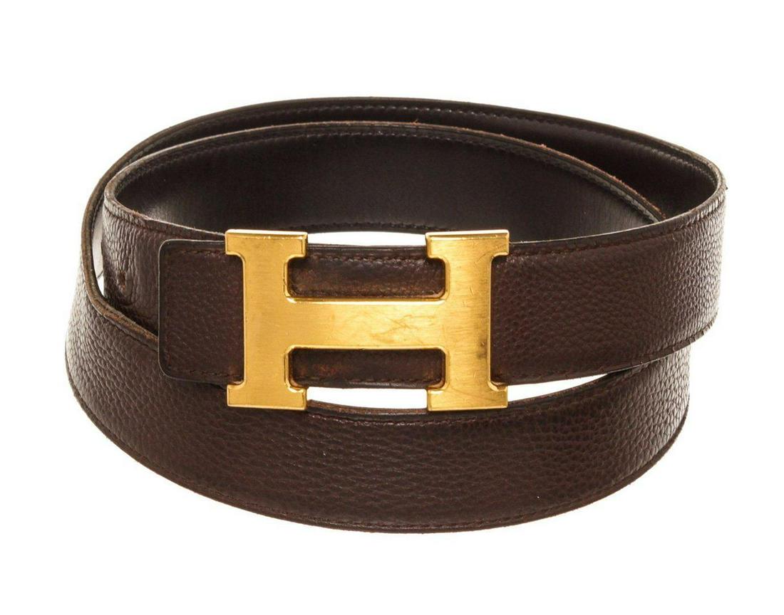 Hermes Black Leather Constance Belt: Hermes Black Leather Constance Belt with material leather, gold-tone hardware and push lock closure.